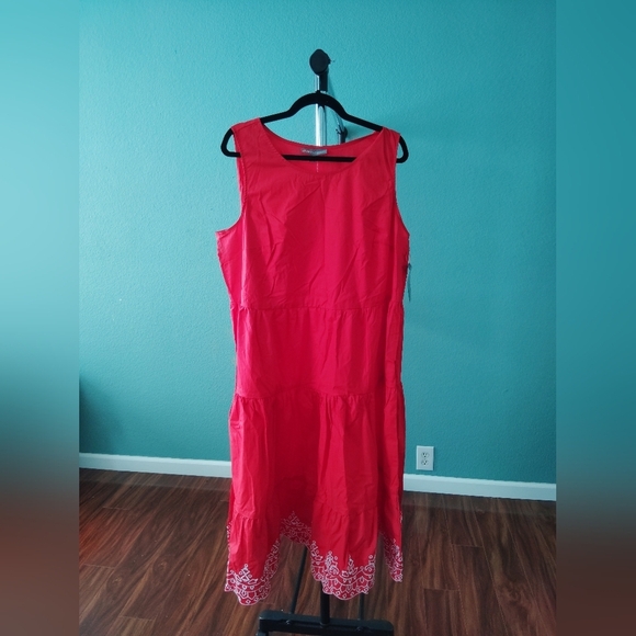Jessica London Red Sleeveless Tiered Dress Embroidered Hem Flowy Fit (C-20) - Picture 4 of 14